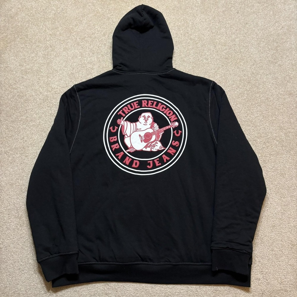 True Religion Hoodie Sweatshirt Mens 3XL Black Logo Seal Sherpa Full Zip Buddha